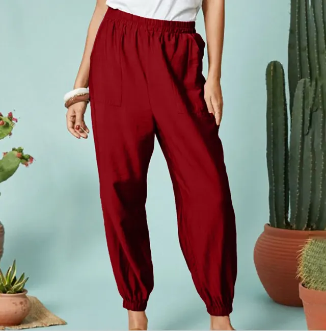 New Women's Solid Color Cotton And Linen Pocket Casual Pants Wine Red - Shop at LoveMi