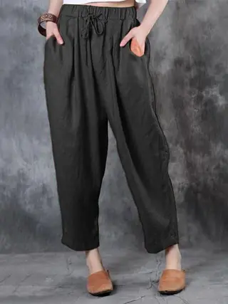 Casual Solid Color Plus Size Pants - Black