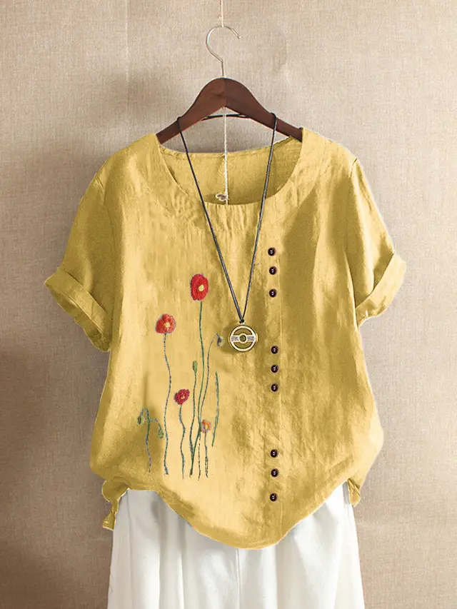 Round Neck Pullover Embroidered Short Sleeved T Shirt Loose Plus Size Women's Clothing Yellow - Shop at LoveMi