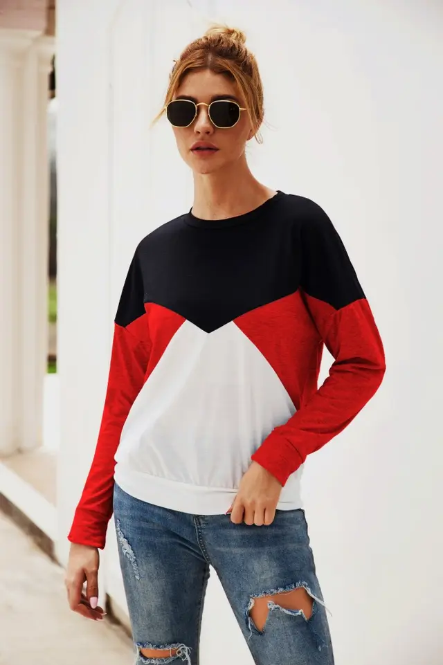 Long sleeved Stitching Contrast Casual Top Red - Shop at LoveMi