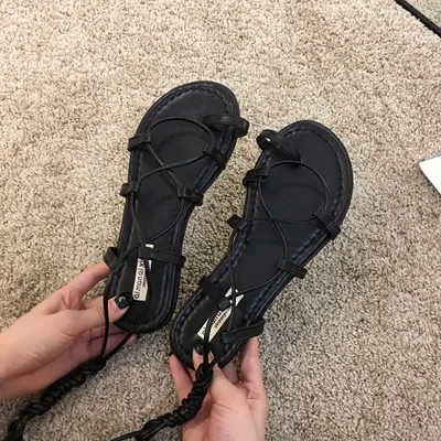 Flat Shoes Over toe Lace up Fairy Style Roman Shoes Black - Shop at LoveMi