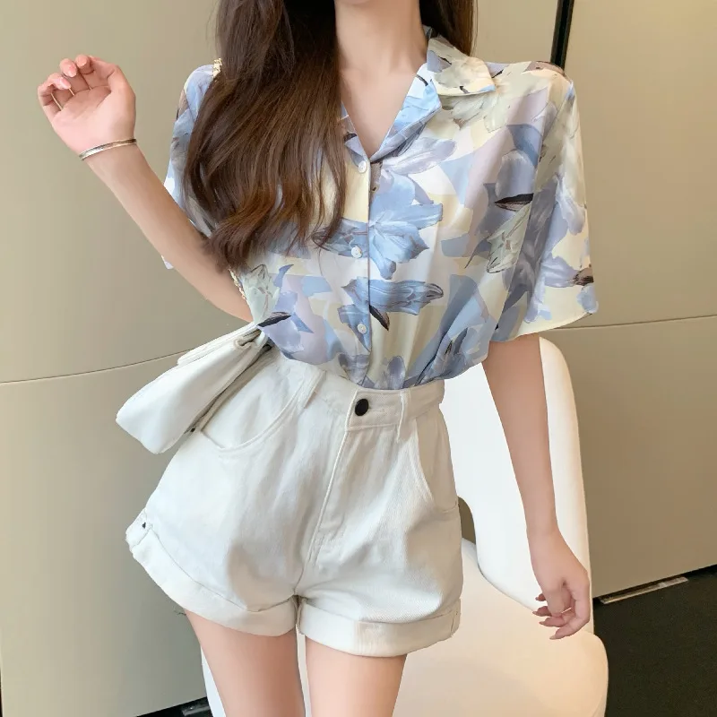 Retro Oil Painting Short sleeved Shirt Women Loose And Thin Blouse Blue - Shop at LoveMi