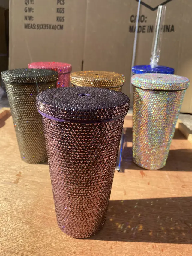 Diamond Studded Vacuum Flask, Double Straw Cup, Diamond Drink Cup, Drinking Cup, Fine Gift Cup, Full Of Diamonds In Stock Black - Shop at LoveMi