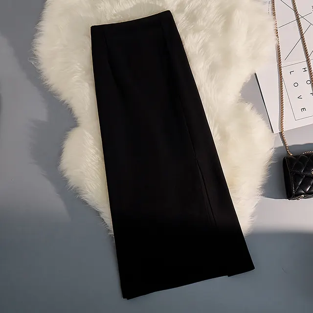 Front Side Slit Skirt Mid Length Skirt Female Summer Black - Shop at LoveMi