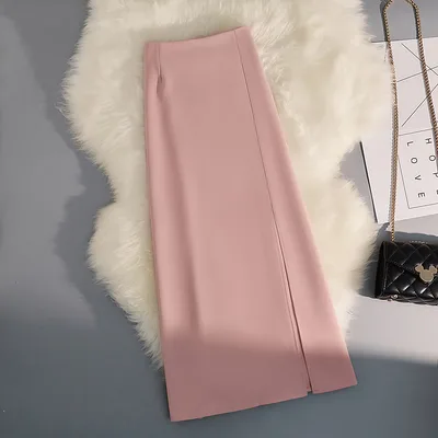 Front Side Slit Skirt Mid Length Skirt Female Summer Pink - Shop at LoveMi