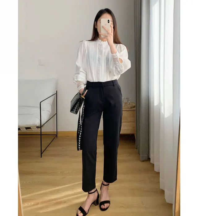 Mid High Waisted, Straight Leg, Slim Leg, Nine Point Casual Pants Black - Shop at LoveMi