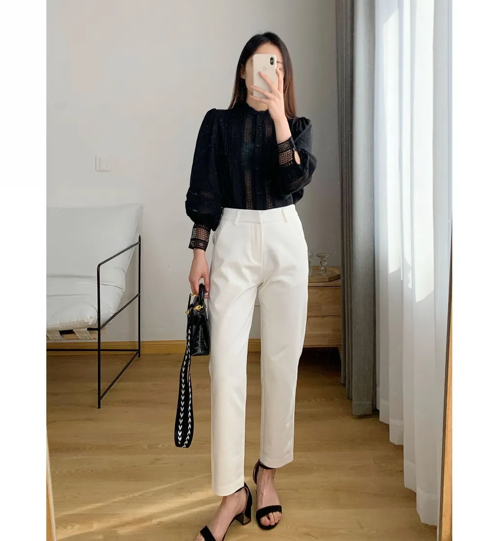 Mid-High-Waisted, Straight-Leg, Slim-Leg, Nine-Point Casual Pants - White