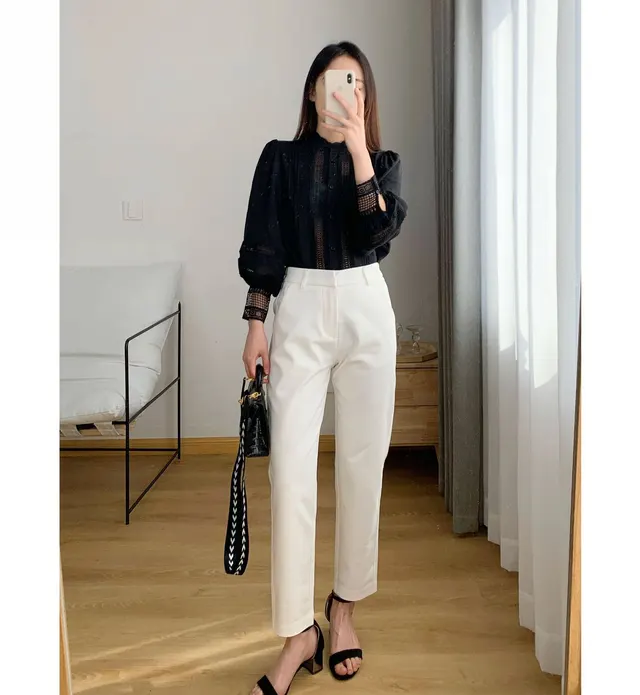 Mid High Waisted, Straight Leg, Slim Leg, Nine Point Casual Pants White - Shop at LoveMi
