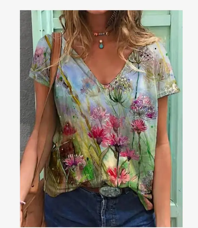 V neck Digital Print Short sleeved T shirt Green - Shop at LoveMi