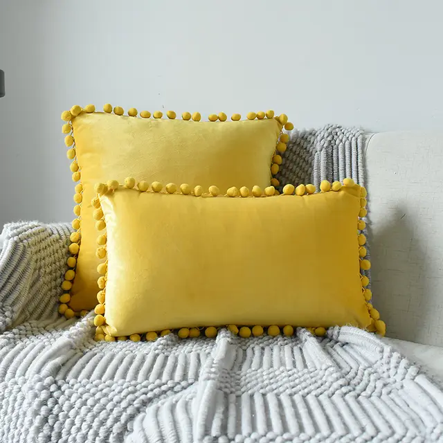 Ins Style Home Fabric Model Room Sofa Ball Pillowcase Hair Ball Velvet Sofa Cushion Rectangle Yellow - Shop at LoveMi