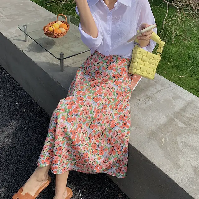 Floral Floral Skirt Women's Mid length High Waist Red - Shop at LoveMi