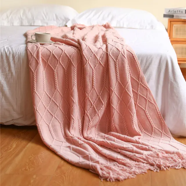 Pure Color Coral Fleece Knitted Sofa Blanket Pink - Shop at LoveMi