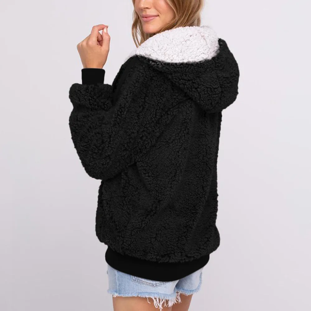 European And American Mixed Color Plush Zipper Jacket - Black