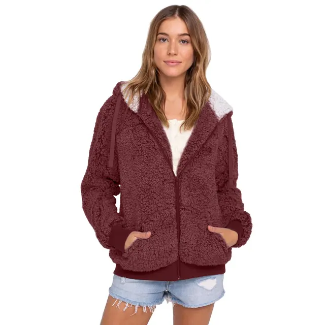 European And American Mixed Color Plush Zipper Jacket Maroon - Shop at LoveMi