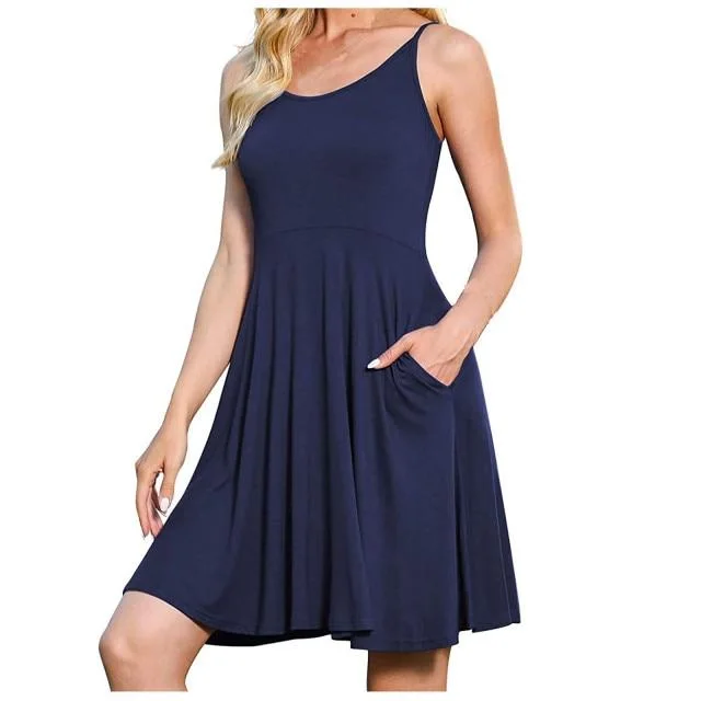 Spring And Summer New Women's Suspenders Sexy Casual Solid Color Dress Blue - Shop at LoveMi