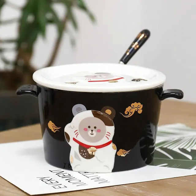 3D Three Dimensional Relief Cartoon Ceramic Instant Noodle Bowl Black - Shop at LoveMi