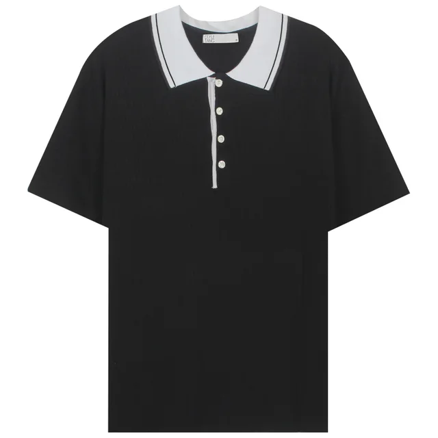 New American Retro Black Stitching Polo Collar Knit Short Sleeves Black - Shop at LoveMi