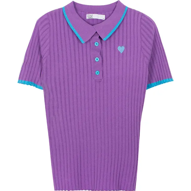 Retro Purple Knitted Short sleeved T shirt Women Purple - Shop at LoveMi