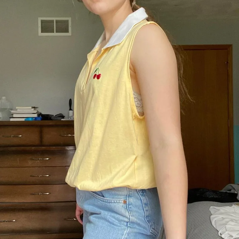 American Vintage Cream colored Cherry Embroidered Polo Collar T shirt Yellow - Shop at LoveMi