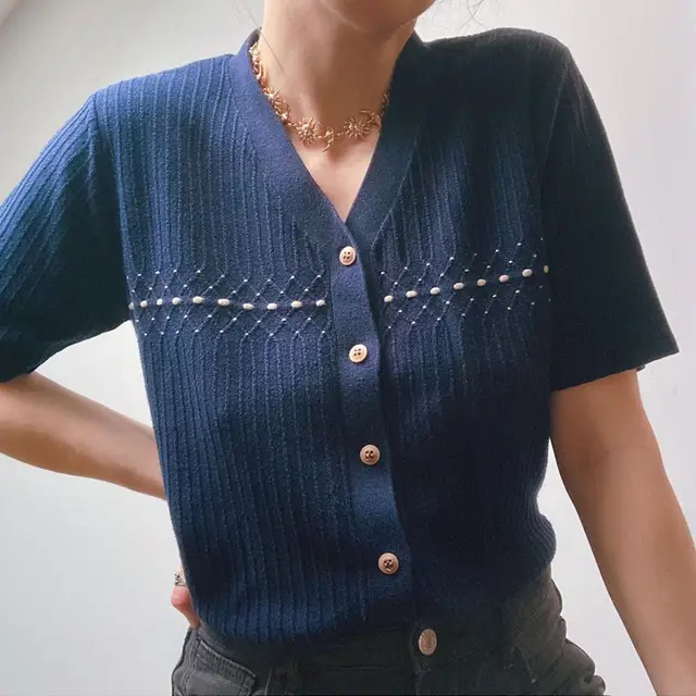 Retro Navy Blue V neck Knitted Short sleeved Top Women's T shirt Navy - Shop at LoveMi