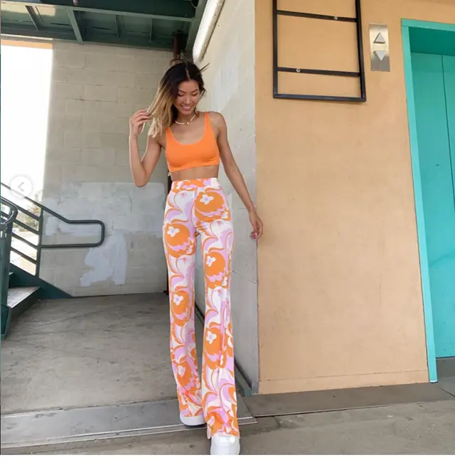 New Women'S Clothing European And American Style Printed Shirt High Waist Stretch Flared Pants Orange - Shop at LoveMi