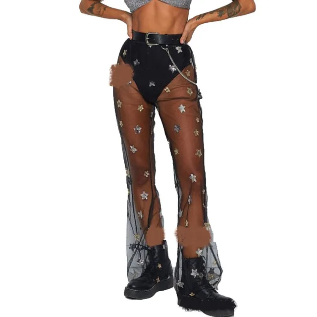 Idle See Through Sequined Mesh Sunscreen Pants Black - Shop at LoveMi