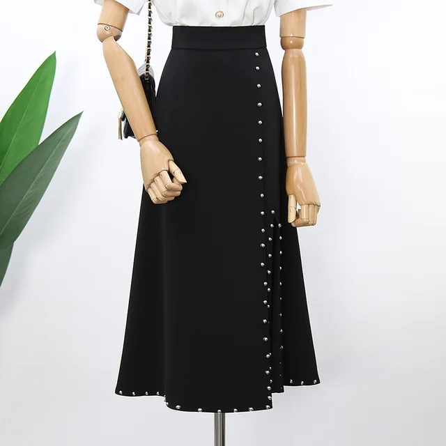 Product Half length Skirt Design Sense Niche Rivet Over knee Mid length Skirt High waist Slit Long Skirt Black - Shop at LoveMi
