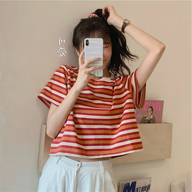 New Hyuna Style Sareful Machine Striped Loose Short Ins Super Fire Short sleeved T shirt Top Women Orange Stripes - Shop at LoveMi