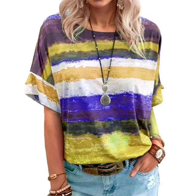 Gradient Contrast Striped Round Neck Short sleeved T shirt Yellow - Shop at LoveMi