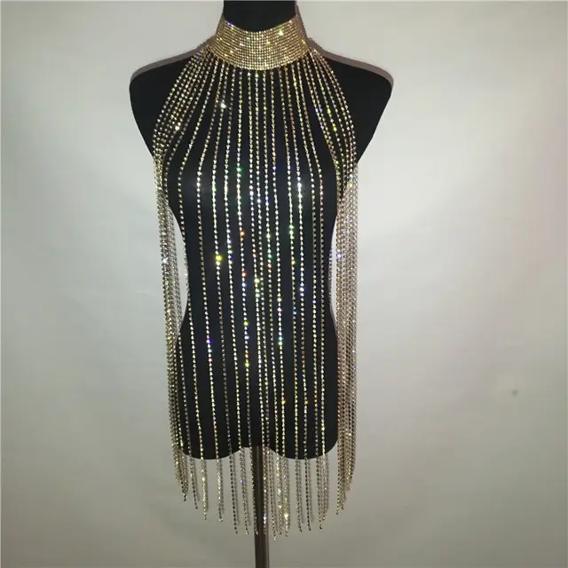 Rhinestone Tassel Necklace Body Chain Halter Rhinestone Gold - Shop at LoveMi