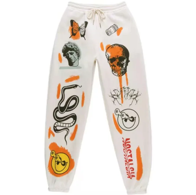 Loose Fashion Print Bouquet Feet Casual Trousers White - Shop at LoveMi