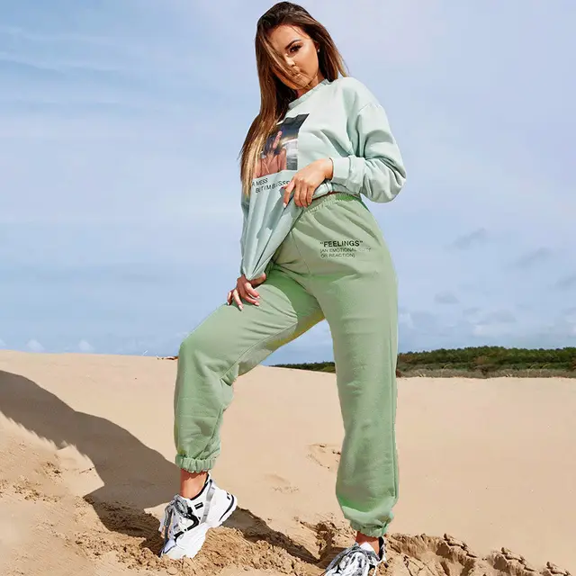 Women's Solid Color Slim fitting Casual Pants With Elastic Waistband And Letter Print Sweatpants Green - Shop at LoveMi
