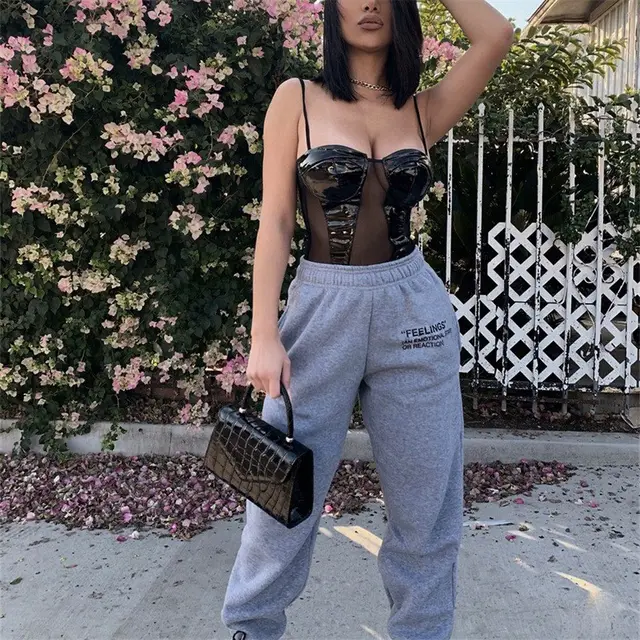 Women's Solid Color Slim fitting Casual Pants With Elastic Waistband And Letter Print Sweatpants Grey - Shop at LoveMi