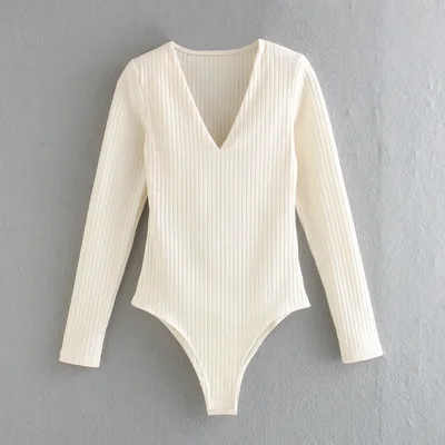 V neck Bodysuit Slim Sexy Bottoming Top Beige - Shop at LoveMi