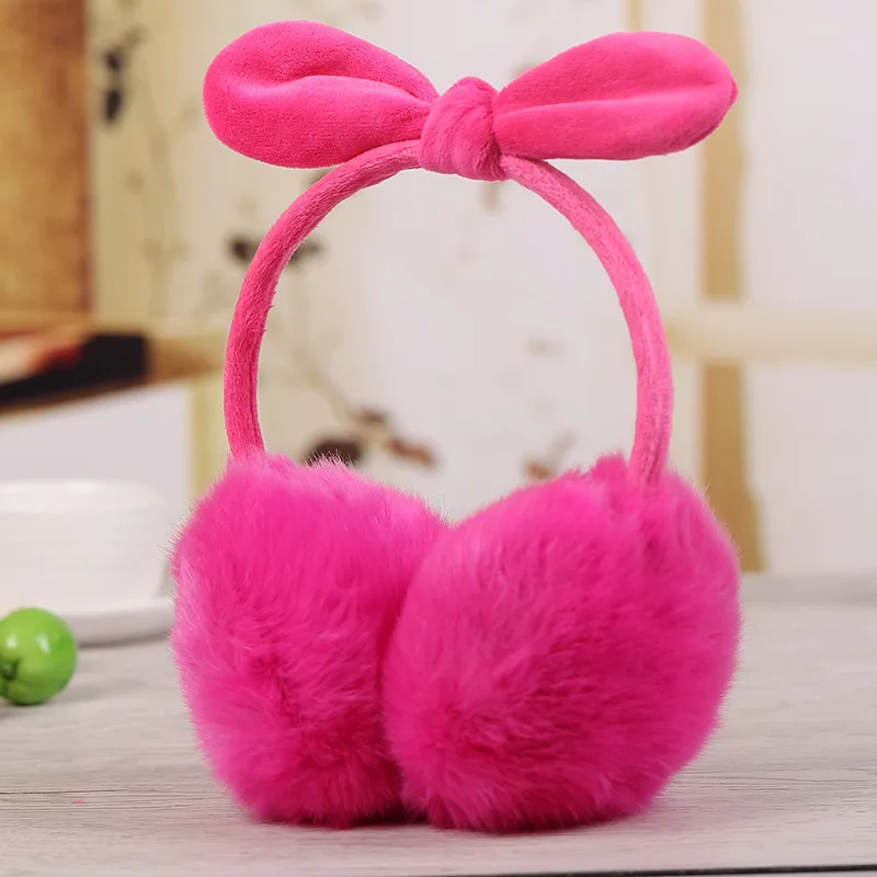 New Cute Rabbit Ears Bowknot Earmuffs For Ladies Winter Rabbit Fur Earmuffs - Rose Red