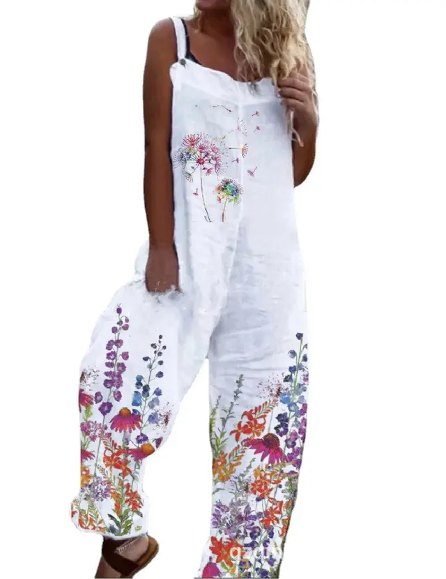 Women's Cotton And Linen Jumpsuit Mid waist White Flowers - Shop at LoveMi
