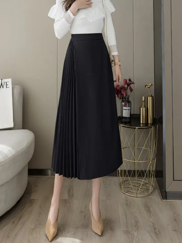 Irregular Pleated Skirt And Umbrella Skirt Mid length High Waist Black - Shop at LoveMi