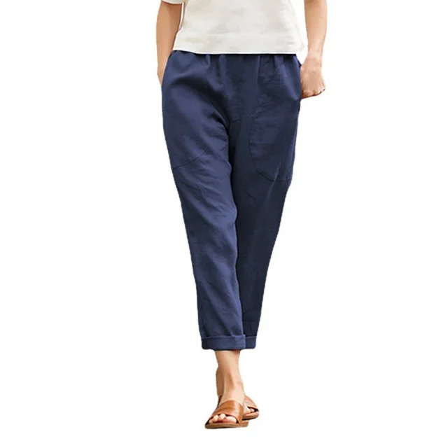 Women's Plus Size Cotton And Linen Casual Pants Solid Color Dark Blue - Shop at LoveMi