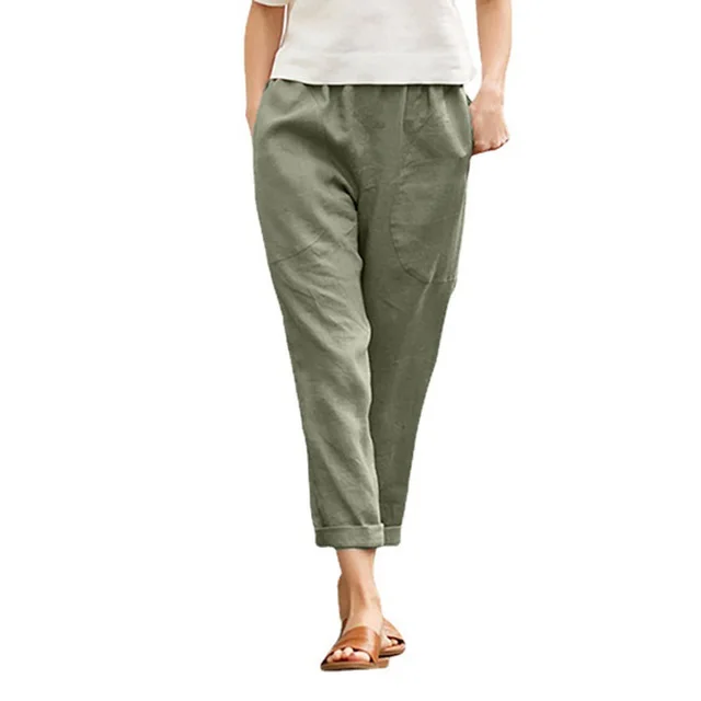 Women's Plus Size Cotton And Linen Casual Pants Solid Color Green - Shop at LoveMi