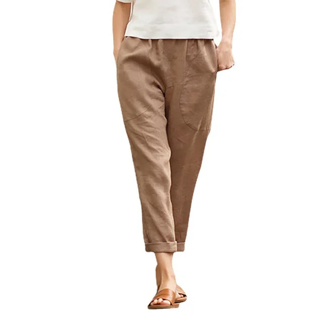 Women's Plus Size Cotton And Linen Casual Pants Solid Color Khaki - Shop at LoveMi