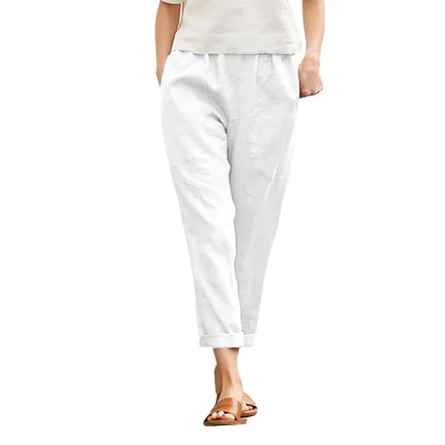 Women's Plus Size Cotton And Linen Casual Pants Solid Color White - Shop at LoveMi
