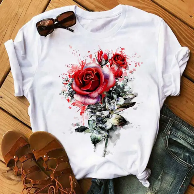 Floral Flower Pattern Printing Loose Summer Casual Ladies T Shirt 19White - Shop at LoveMi