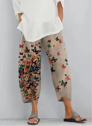 Printed Casual Women's Cropped Trousers - Khaki