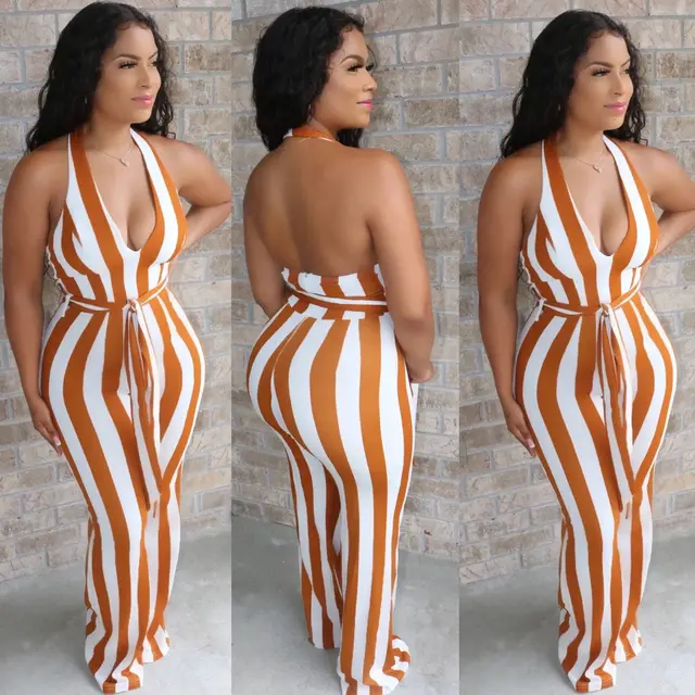 Halter Back Striped Flared Jumpsuit With Belt Apricot - Shop at LoveMi