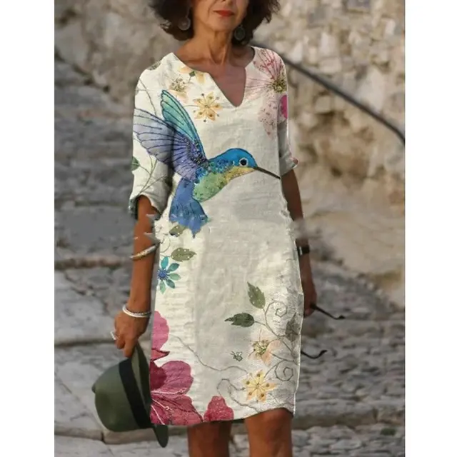 Printed Loose Bamboo Fiber Linen Floral Short Sleeves Little Bird - Shop at LoveMi