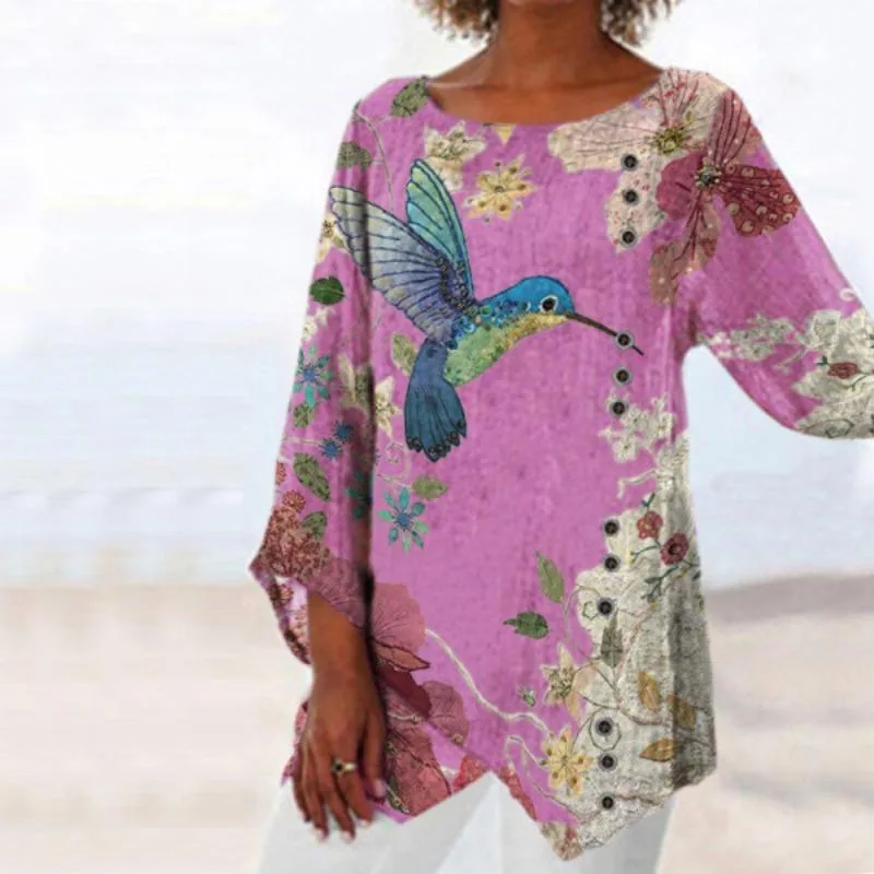 Printed Loose Bamboo Fiber Linen Floral Short Sleeves Pink - Shop at LoveMi