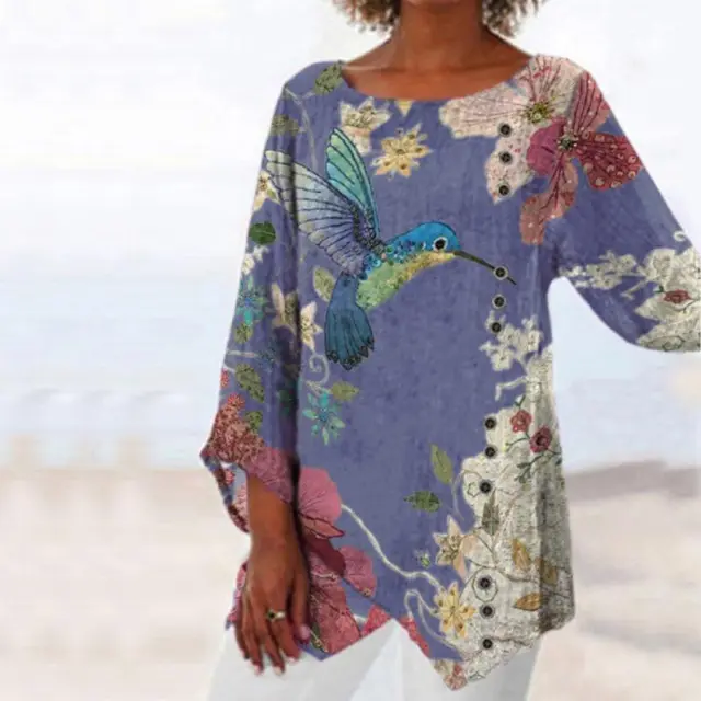 Printed Loose Bamboo Fiber Linen Floral Short Sleeves Purple - Shop at LoveMi