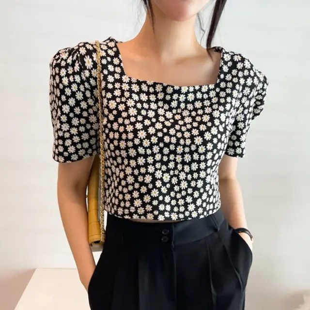 Simple Summer Daisy Loose And Thin Pullover Puff Sleeve Shirt Top Black - Shop at LoveMi