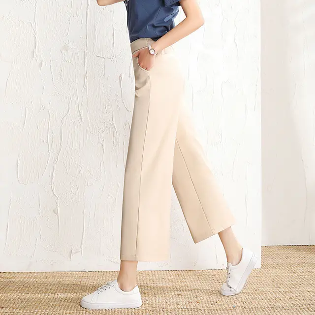 Wide leg Pants Women's High waist Spring And Summer Cropped Small Drape Straight leg Pants Beige - Shop at LoveMi