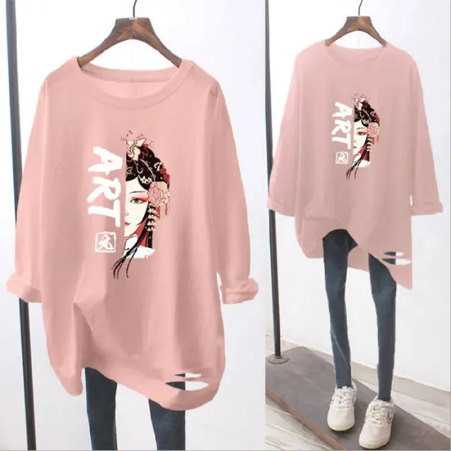 Ripped Long sleeved White T shirt Loose Light Pink - Shop at LoveMi